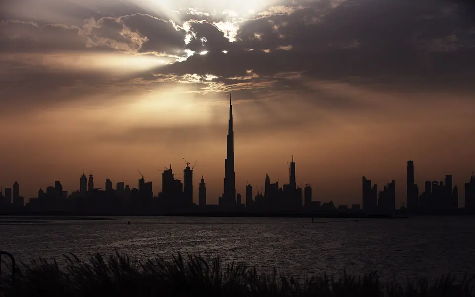 Dubai skyline with the Burj Khalifa at sunset